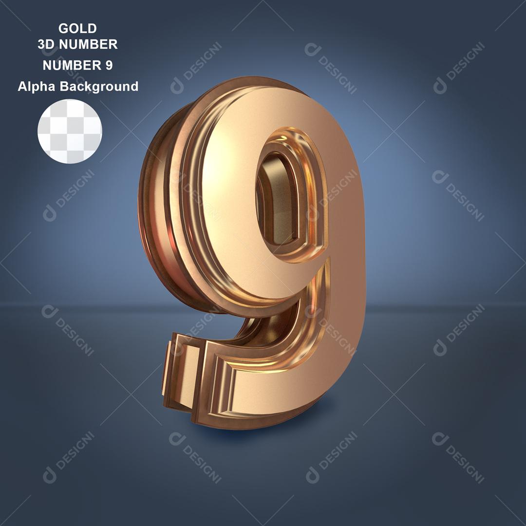Número 3D 9 Dourado Para composição PSD