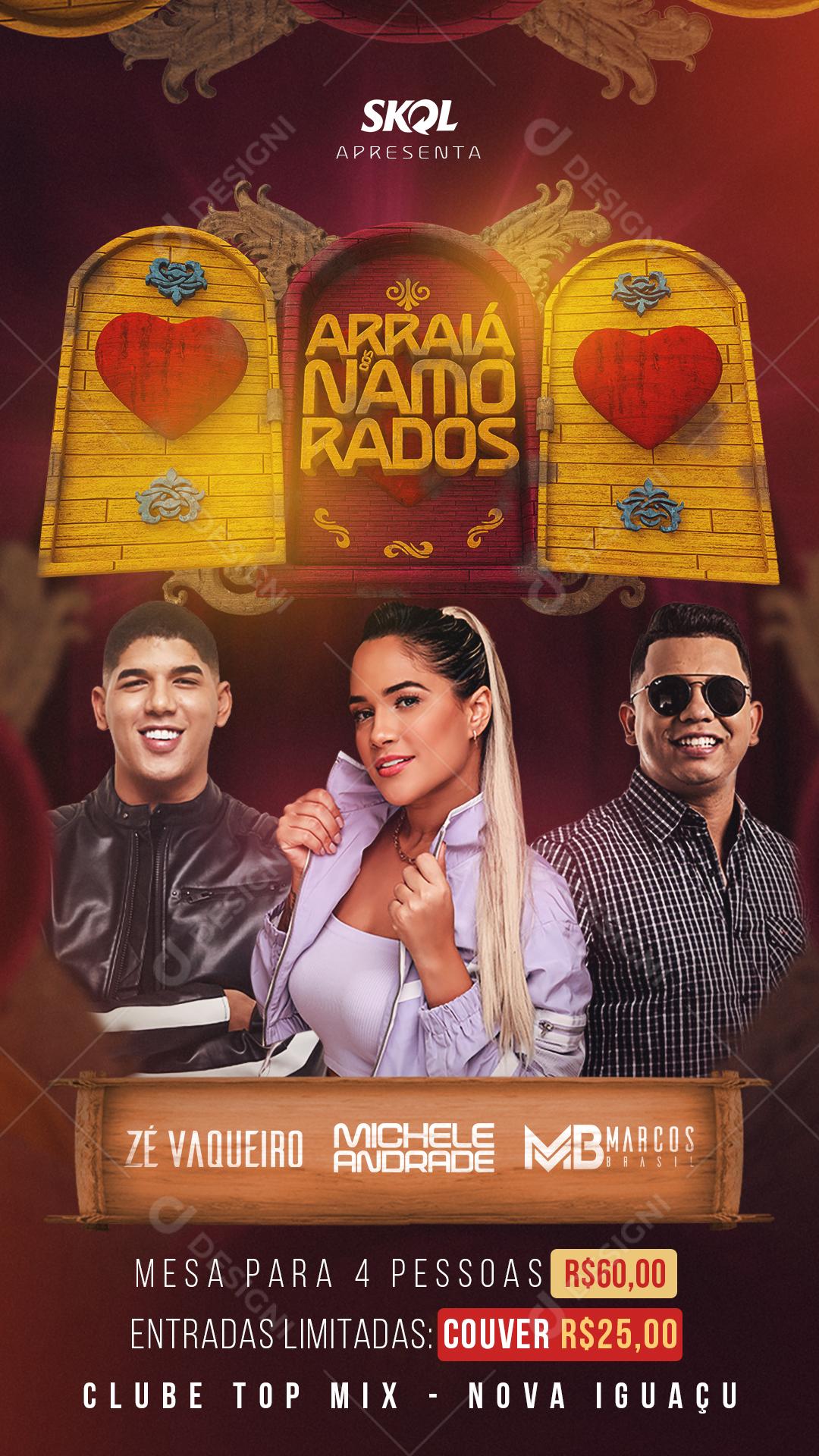 Flyer Arraiá Namorados Zé Vaqueiro Shows Social Media PSD Editável