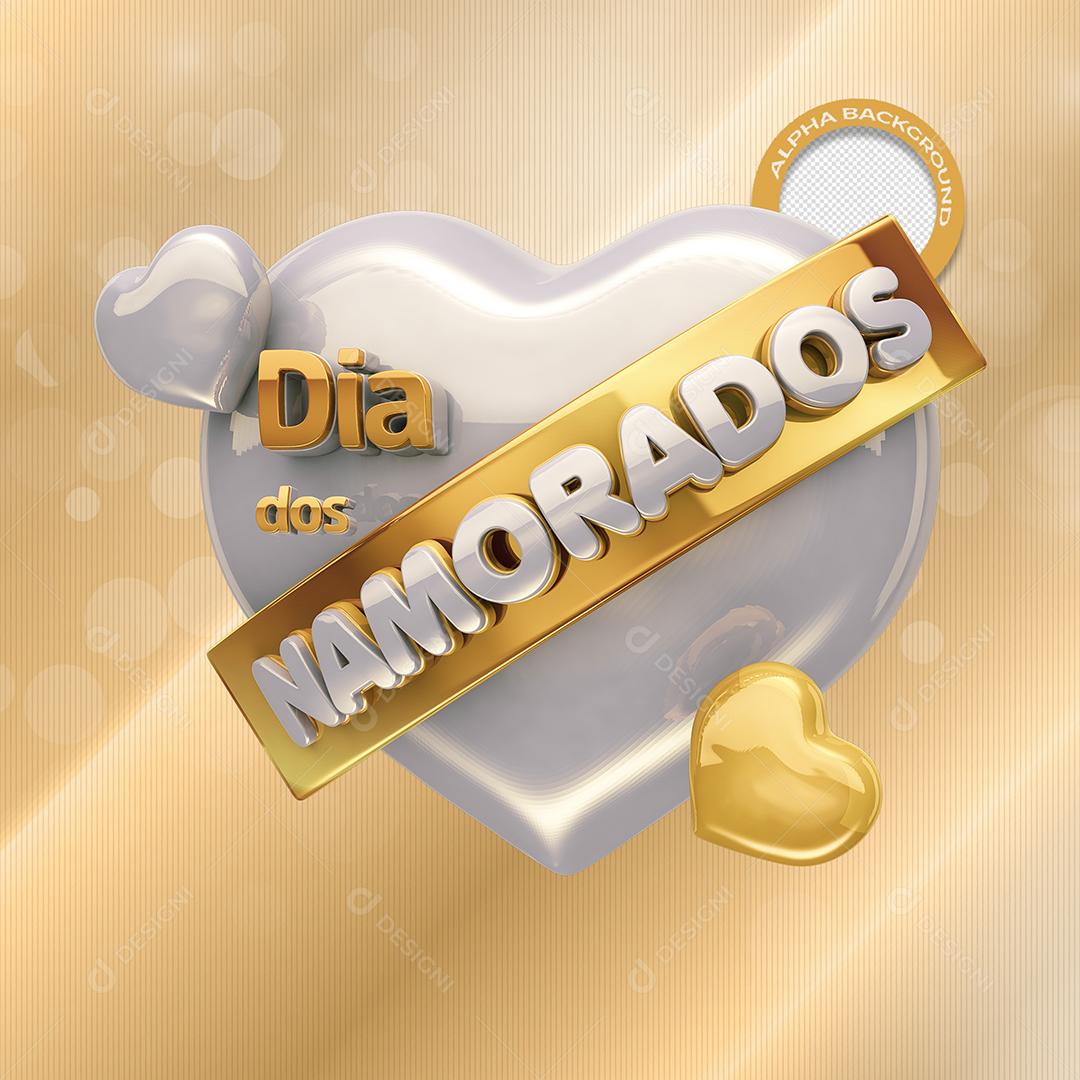 Selo 3D Dia Dos Namorados Dourado para Composição PSD