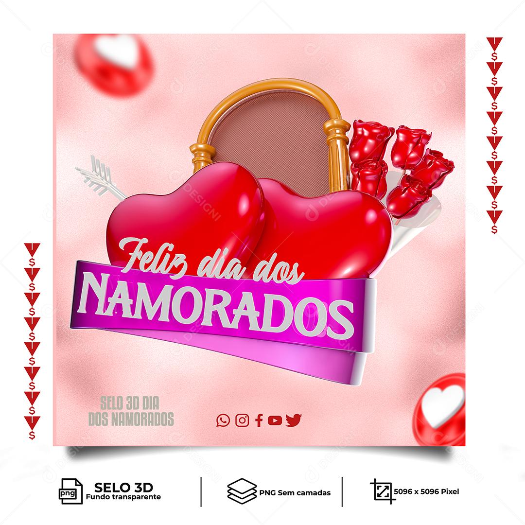 Feliz Dia Dos Namorados Selo 3D para Composição PNG Transparente Sem Fundo