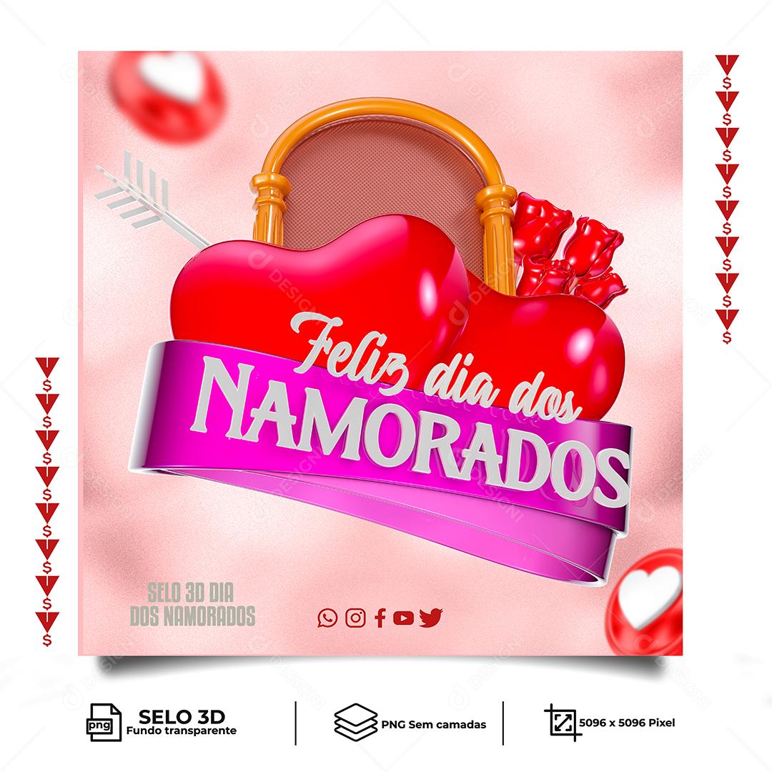 Selo 3D Feliz Dia Dos Namorados para Composição PNG Transparente Sem Fundo