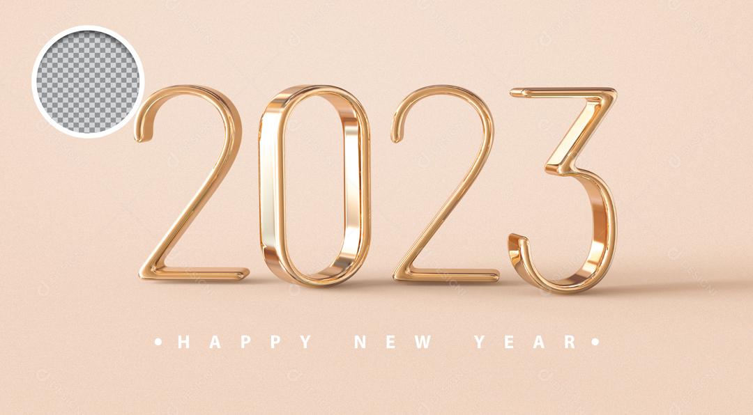 Número 3D 2023 Ano Novo Dourado Elemento para Composição PSD
