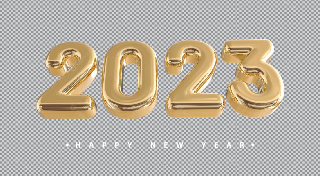 Número 3D 2023 Feliz Ano Novo Dourado Elemento para Composição PSD