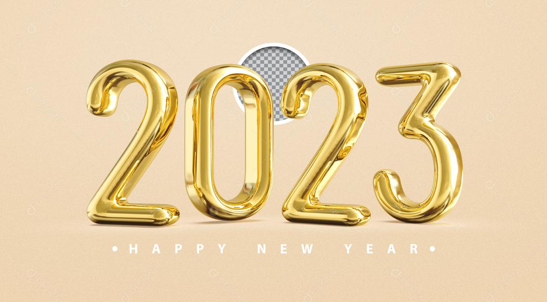 Feliz Ano Novo Número 3D 2023 Dourado Elemento para Composição PSD