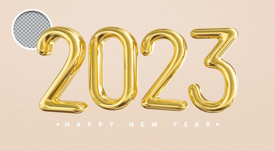 Feliz Ano Novo Número 3D 2023 Dourado Elemento para Composição PSD