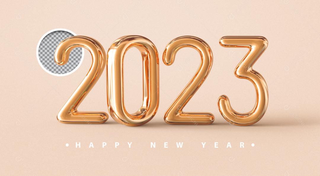 Ano Novo Número 3D 2023 Dourado Elemento para Composição PSD