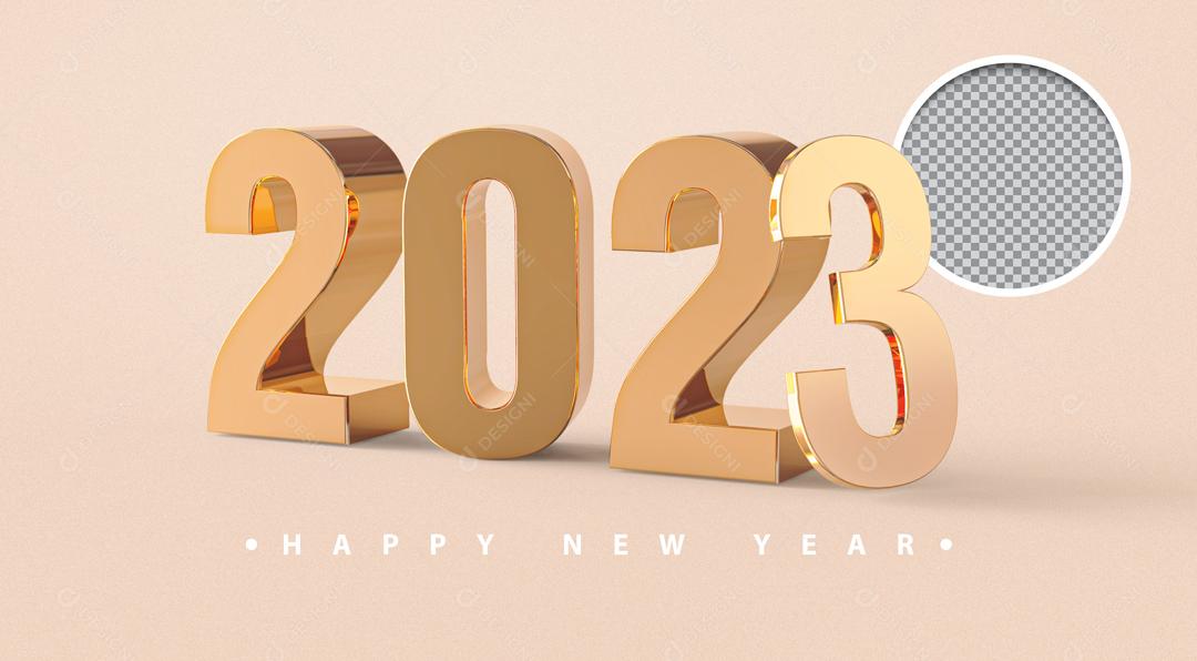 Ano Novo Número 3D 2023 Dourado Elemento para Composição PSD
