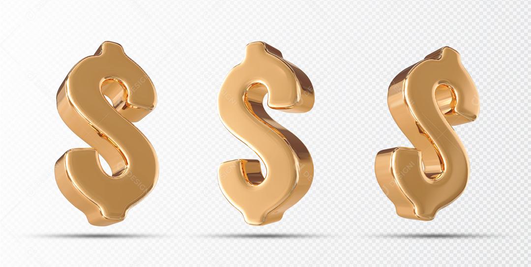 Cifrão 3D Dourado Elemento para Composição PSD