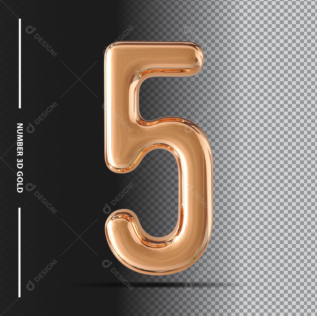 Número 5 Dourado 3D Para composição PSD