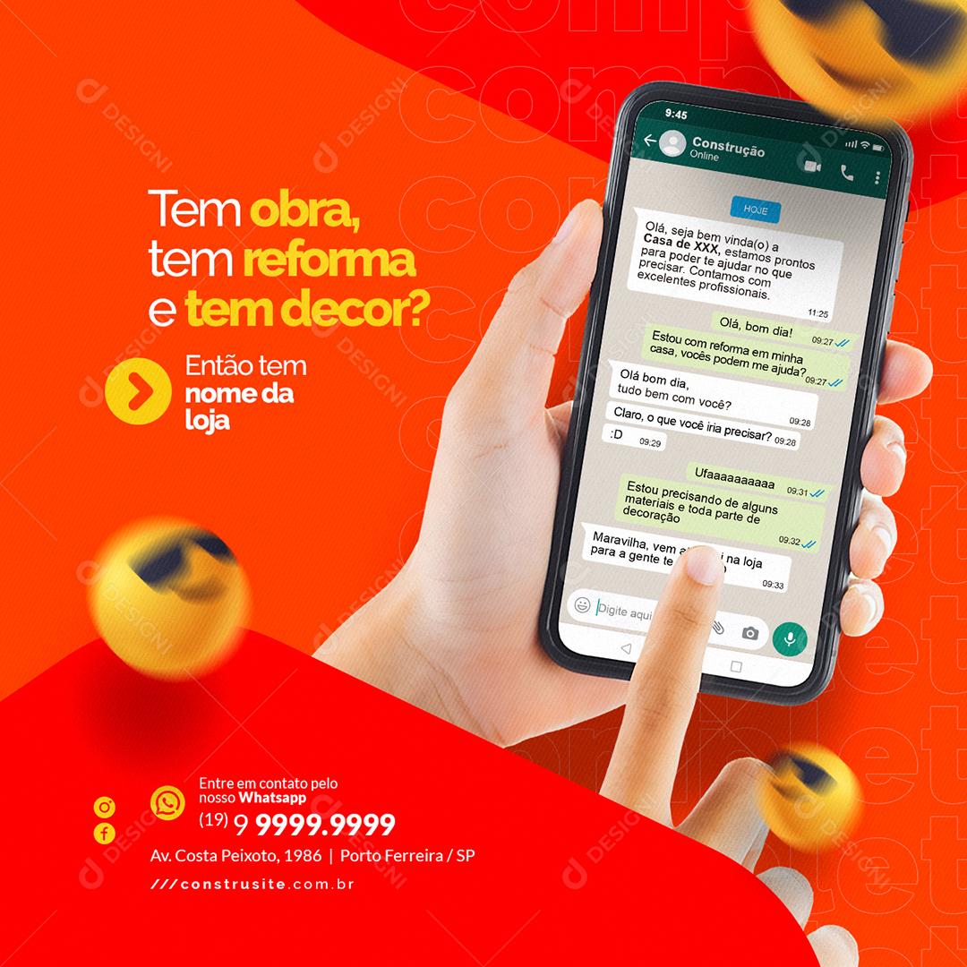 Social Media Materiais De Construção Tem obra tem reforma e tem decor Materiais De Construção PSD Editável