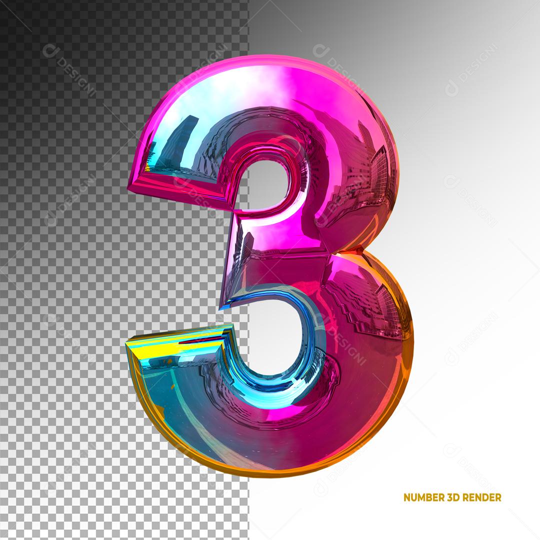 Número 3D 3 Colorido Para composição PSD