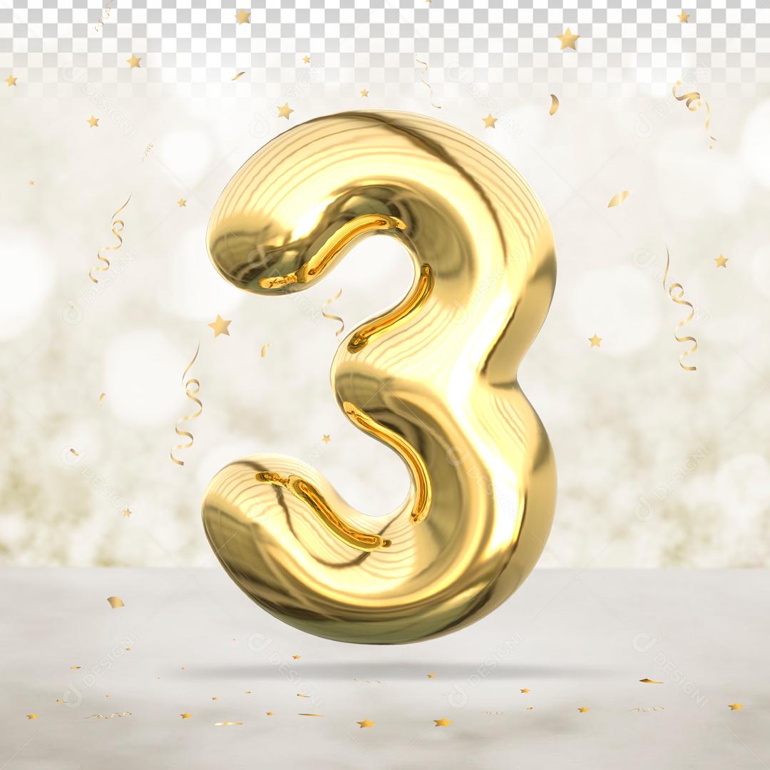 Número 3 3D Dourado PSD