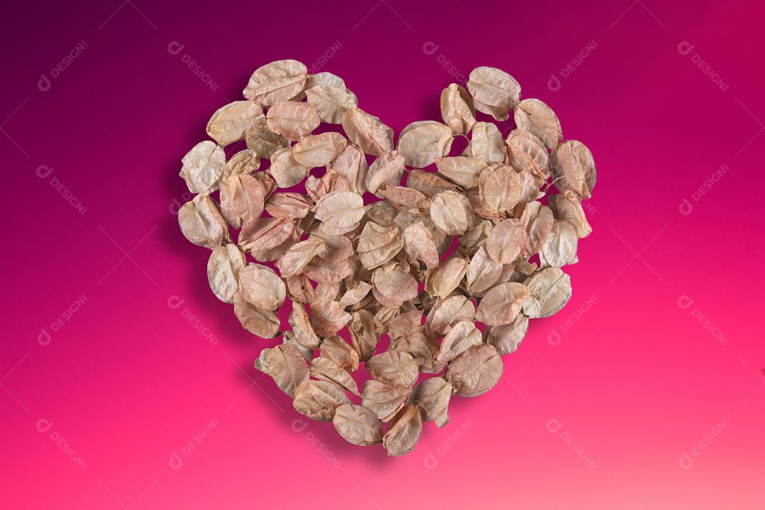 Coração feito com pétalas de buganvília. fundo rosa gradiente