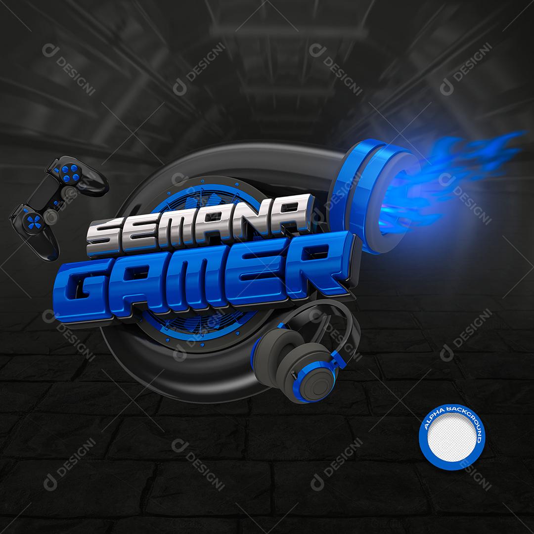 Semana Gamer Selo 3D Preto e Azul para Composição PSD