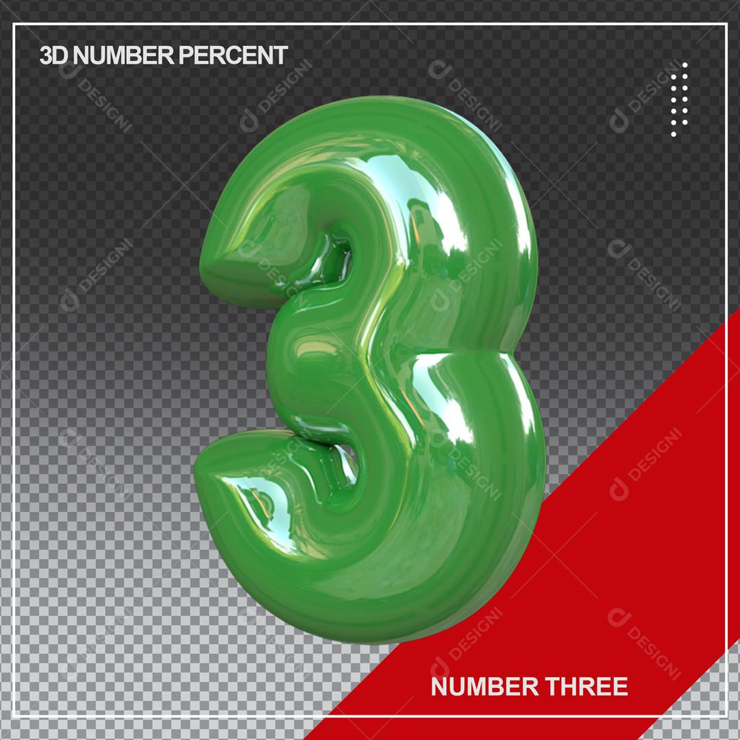 Número 3D 3 Verde Para composição PSD