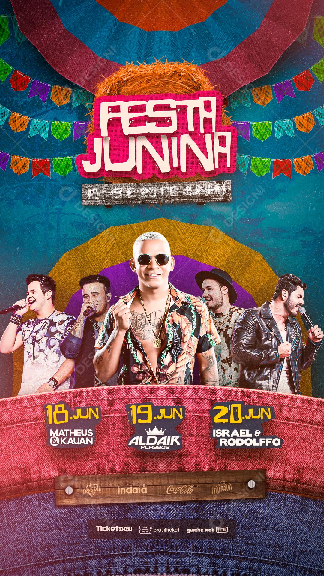 Story Festa Junina Matheus e Kauan Aldair Playboy Israel e Rodolfo Flyers Social Media PSD Editável