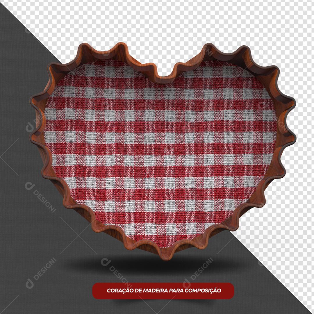 Elemento 3D Coração De Madeira Com Estampa Xadrez PSD