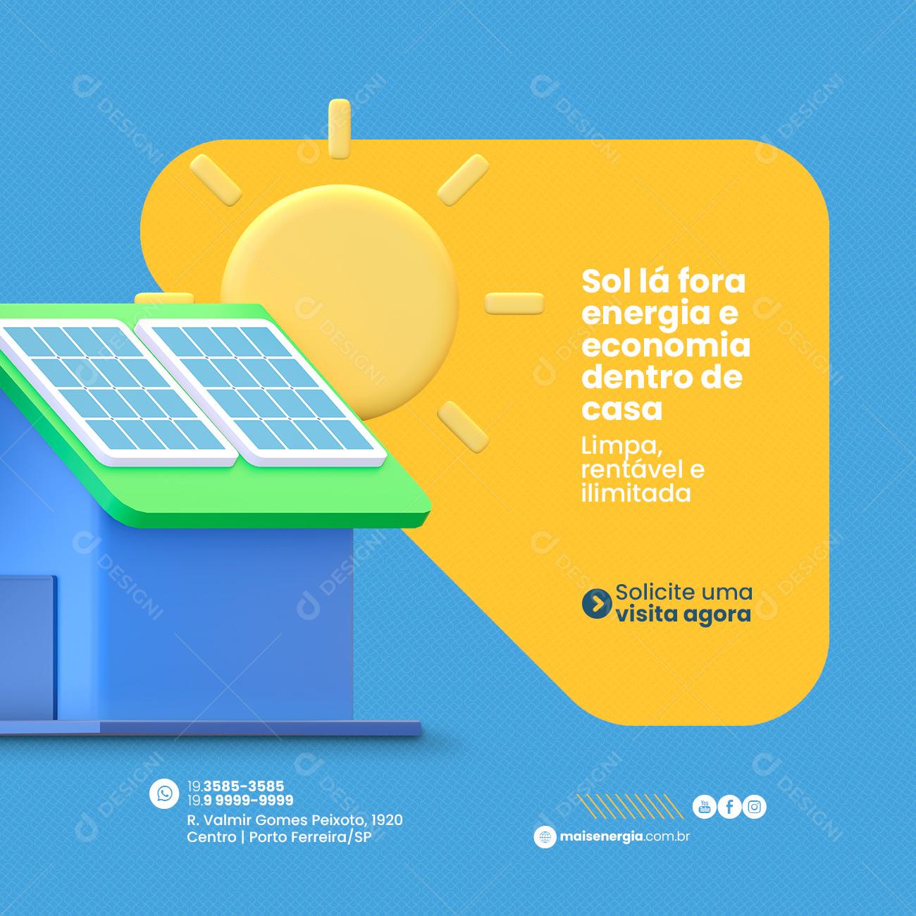 Social Media Sol lá fora Energia e economia dentro de casa Energia Solar PSD Editável