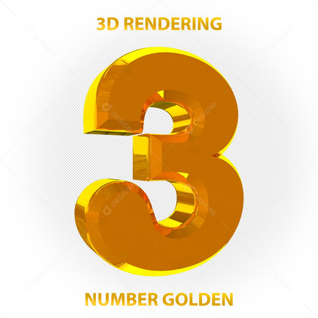 Número 3D 3 Dourado Para composição PSD