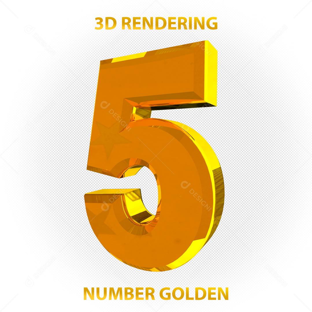 Número 3D 5 Dourado Para composição PSD
