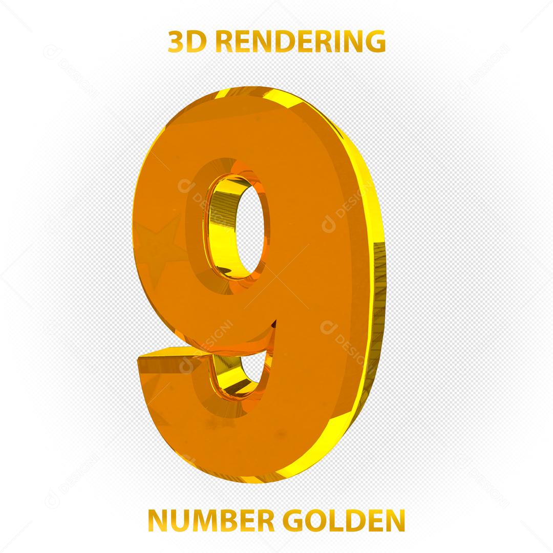 Número 3D 9 Dourado Para composição PSD