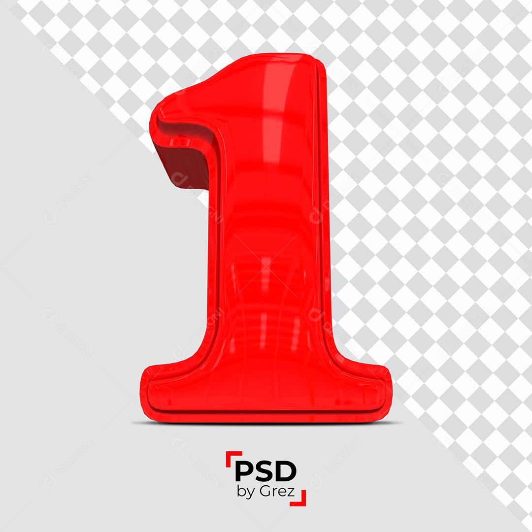 Número 3D 1 Vermelho Para composição PSD