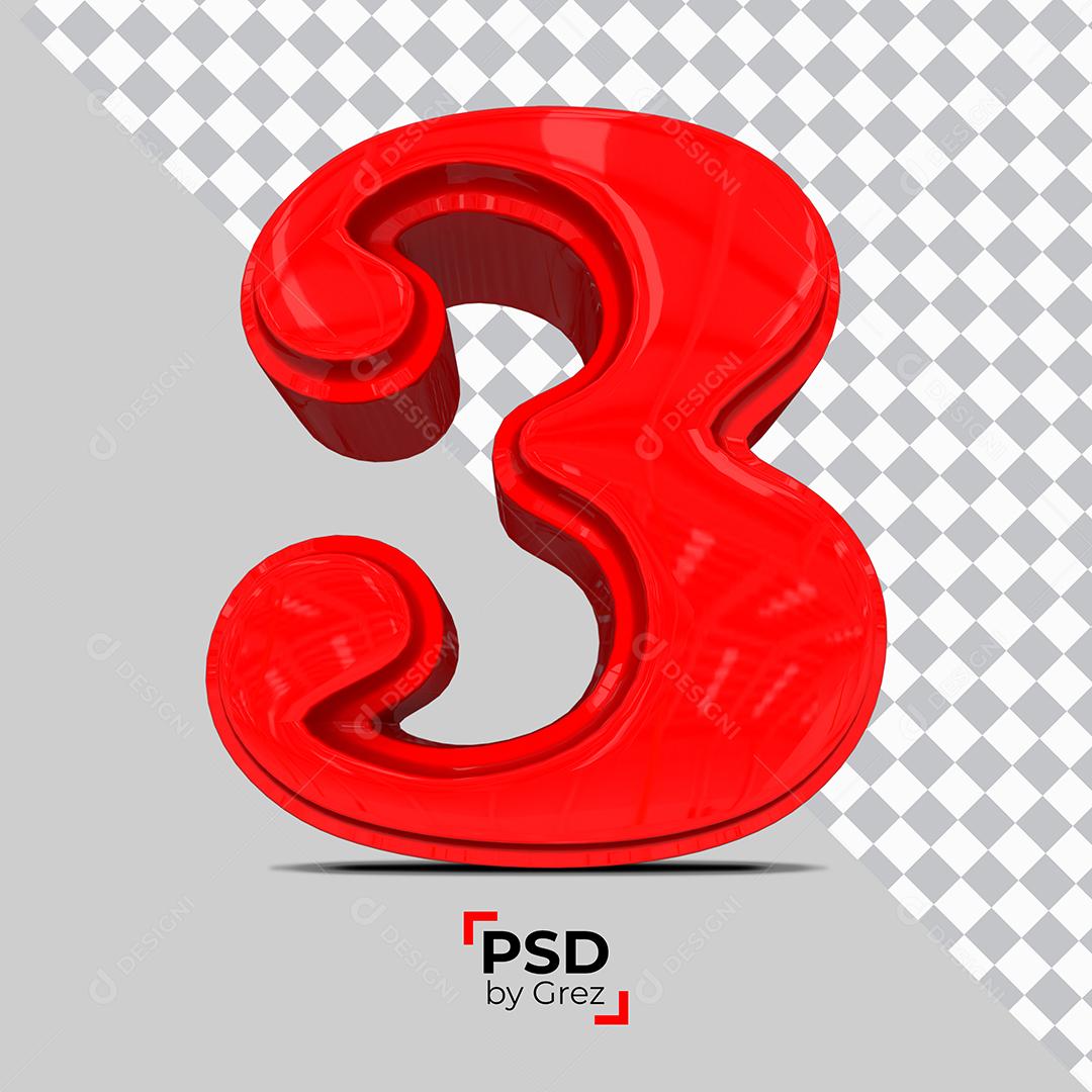 Número 3D 3 Vermelho Para composição PSD