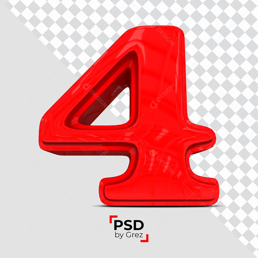 Número 3D 4 Vermelho Para composição PSD
