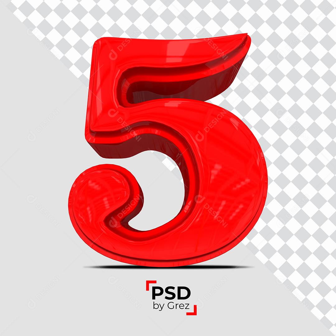Número 3D 5 Vermelho Para composição PSD