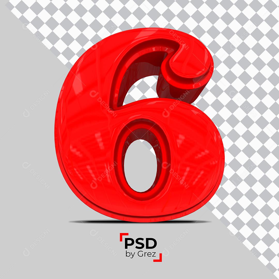 Número 3D 6 Vermelho Para composição PSD