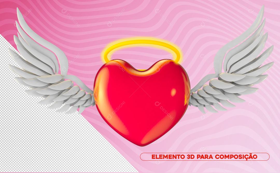 Elemento 3D Coração Com Asas de Anjo PNG Transparente