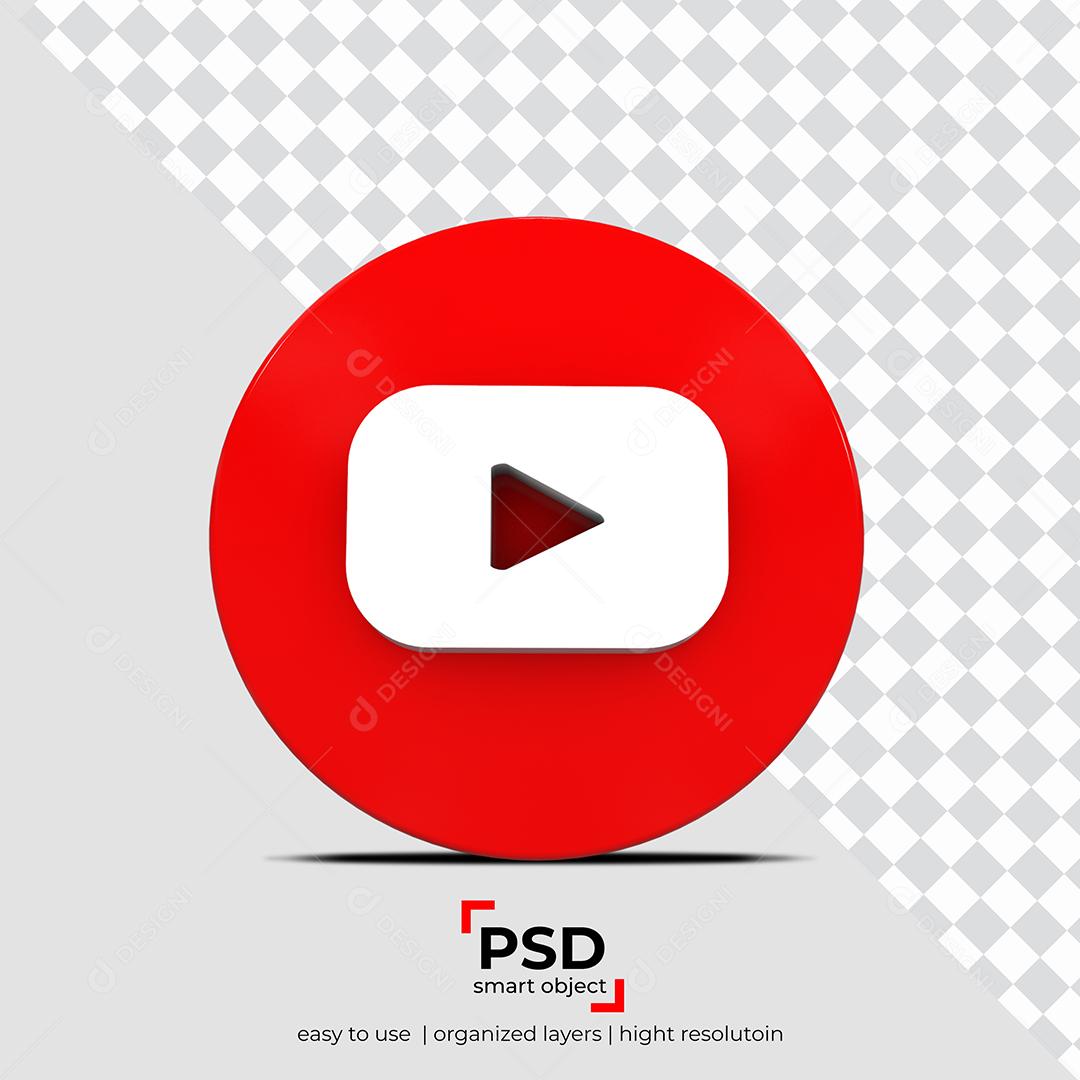 Youtube Ícone 3D Vermelho Para Composição PSD