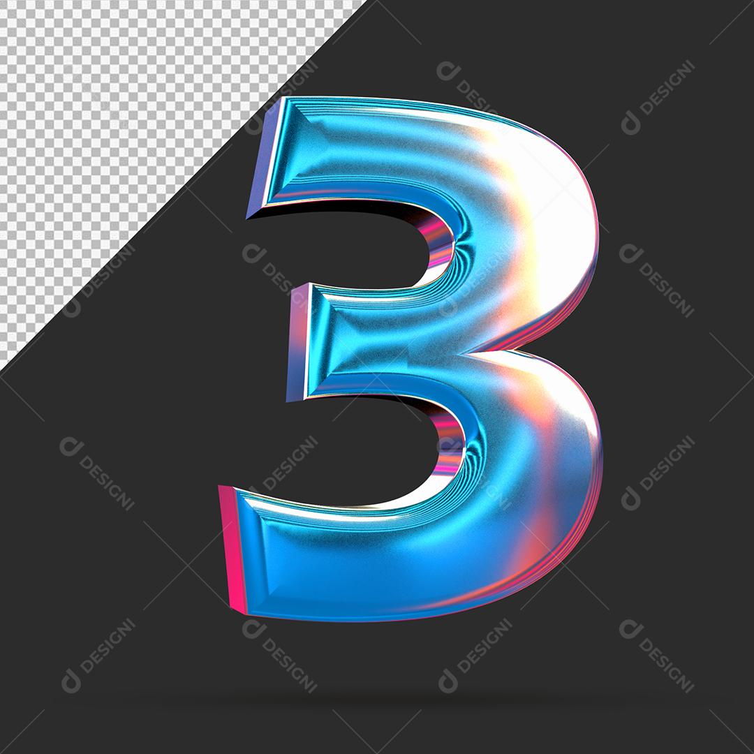 Número 3D 3 Azul Espelhado Para composição PSD