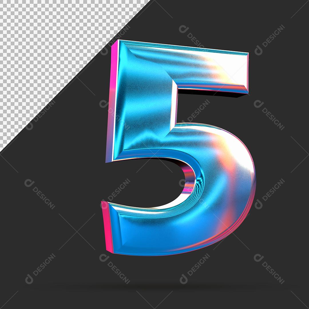 Número 3D 5 Azul Espelhado Para composição PSD