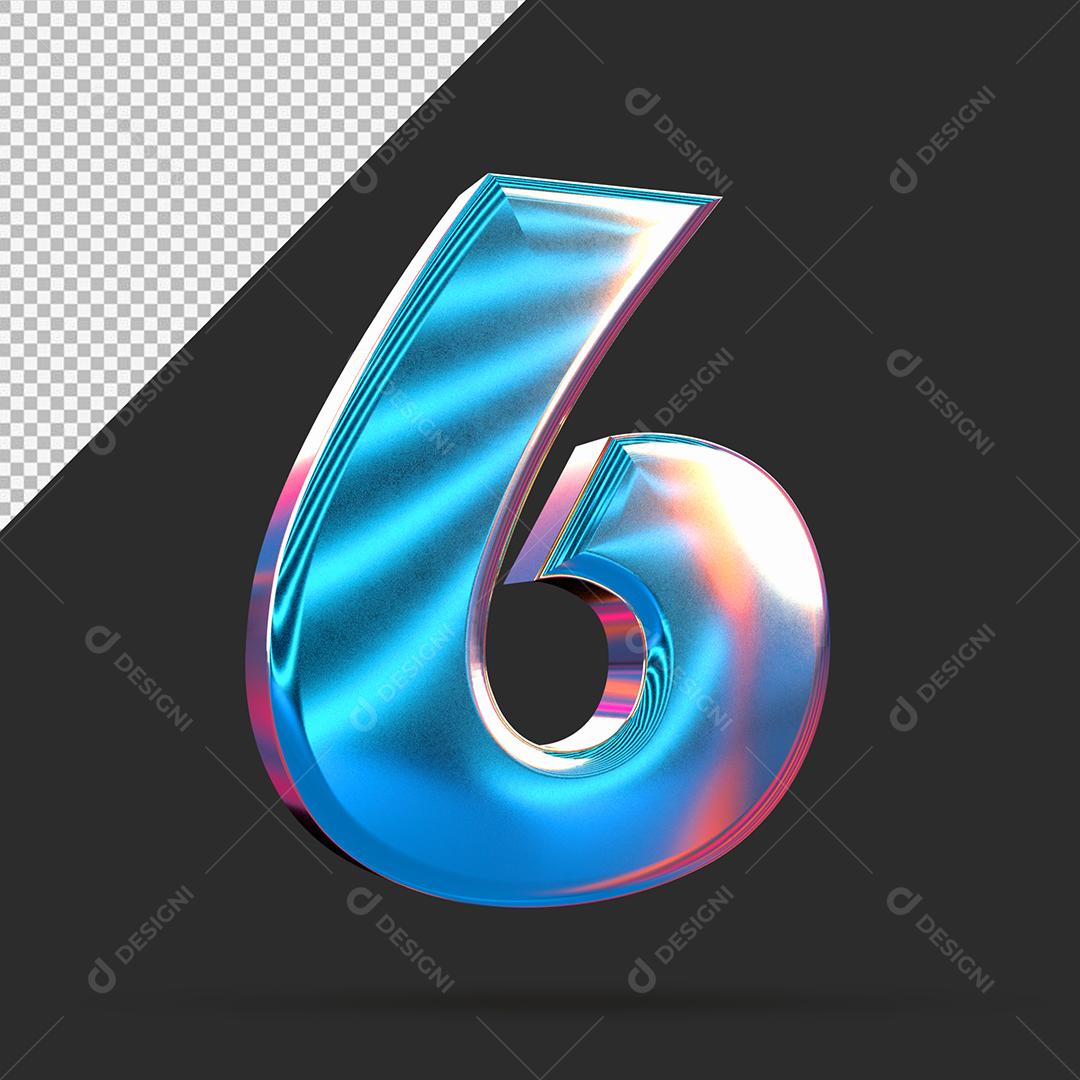 Número 3D 6 Azul Espelhado Para composição PSD