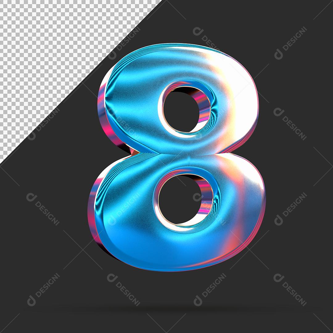 Número 3D 8 Azul Espelhado Para composição PSD