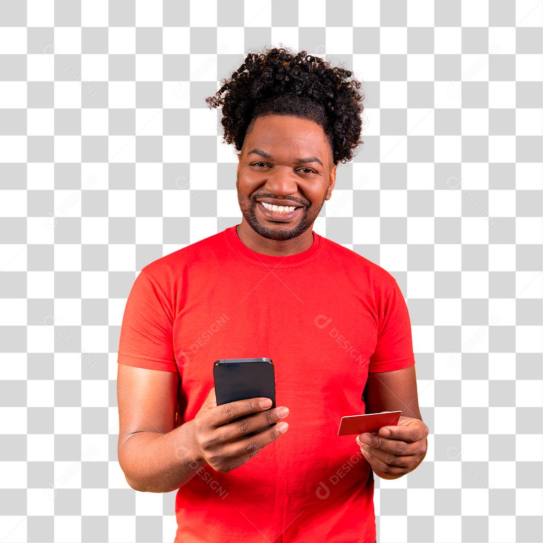 Alegre jovem segurando novo celular e um cartão de crédito