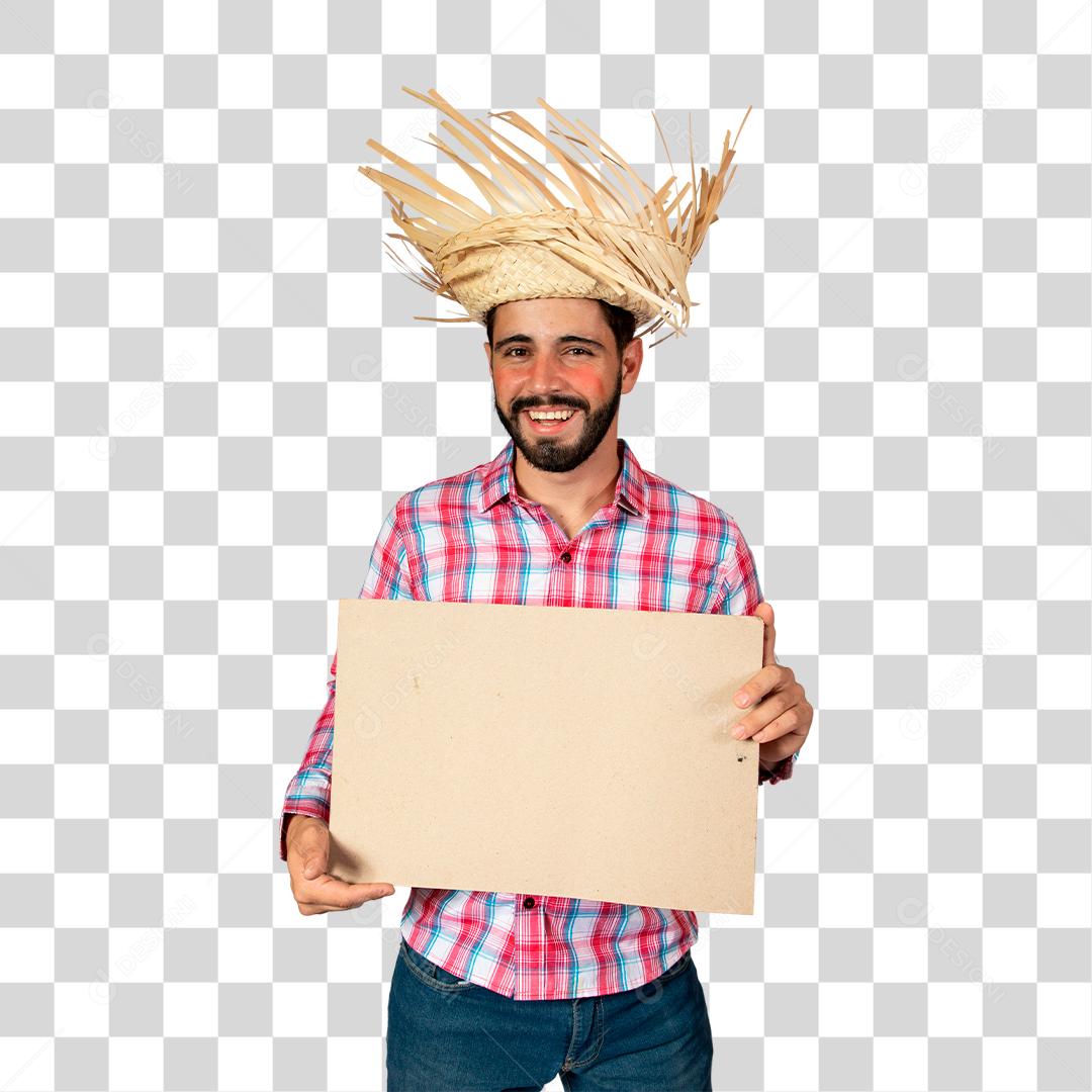 Homem brasileiro vestindo roupas típicas para Festa Junina e segurando quadro