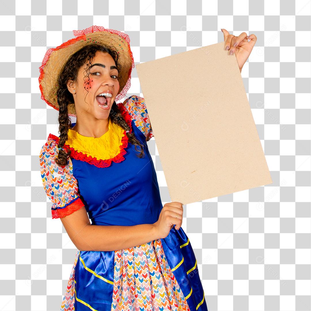 Linda mulher vestida com roupa de festa junina segurando quadro