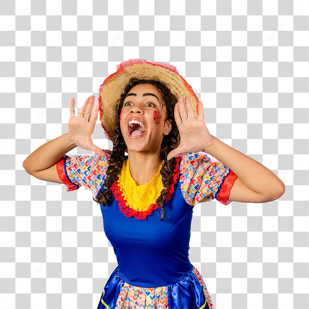 Mulher com roupa de festa junina e chapéu