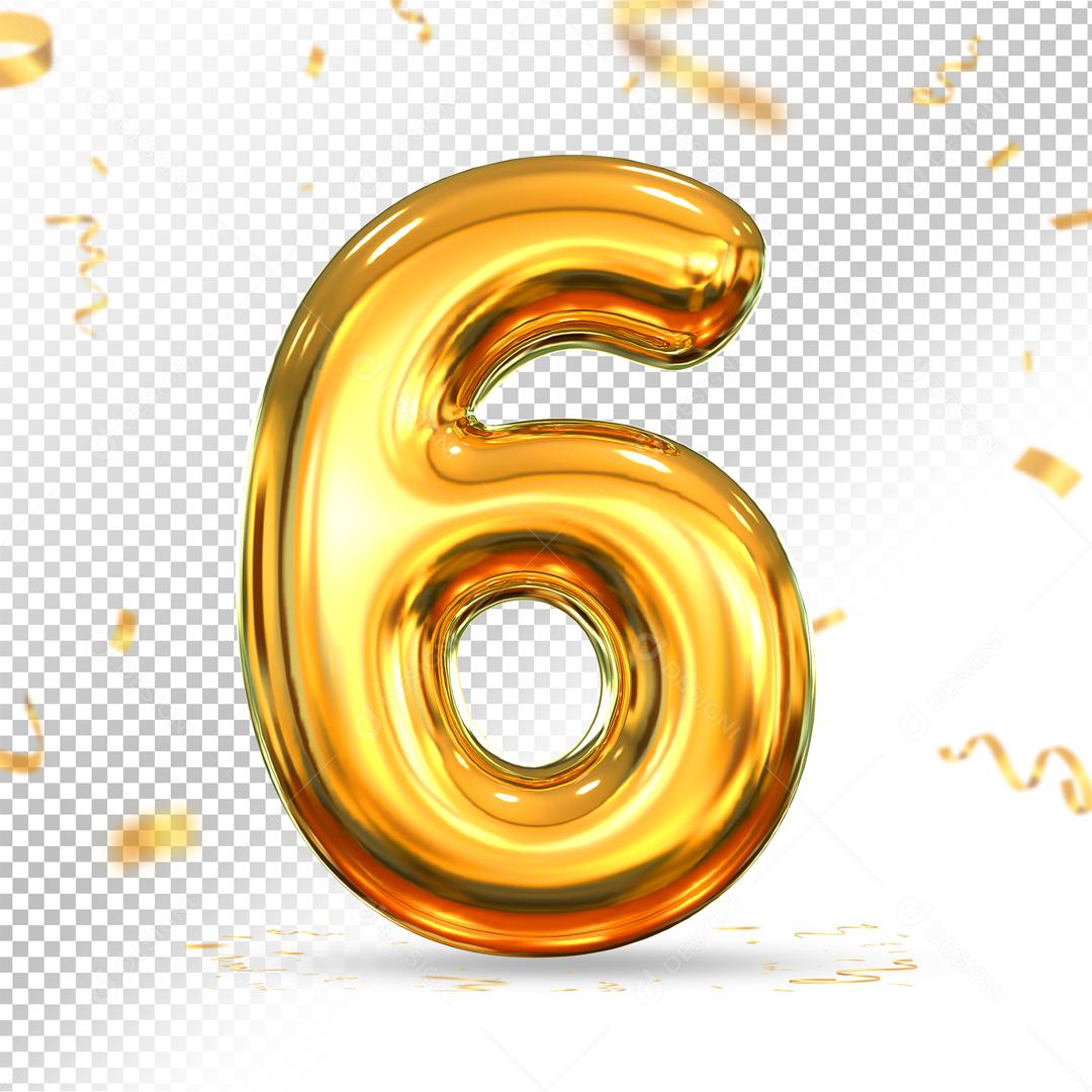 Número 6 Dourado 3D Para composição PSD