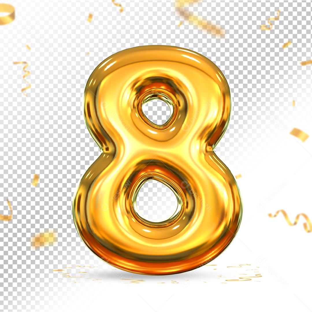 Número 8 Dourado 3D Para composição PSD