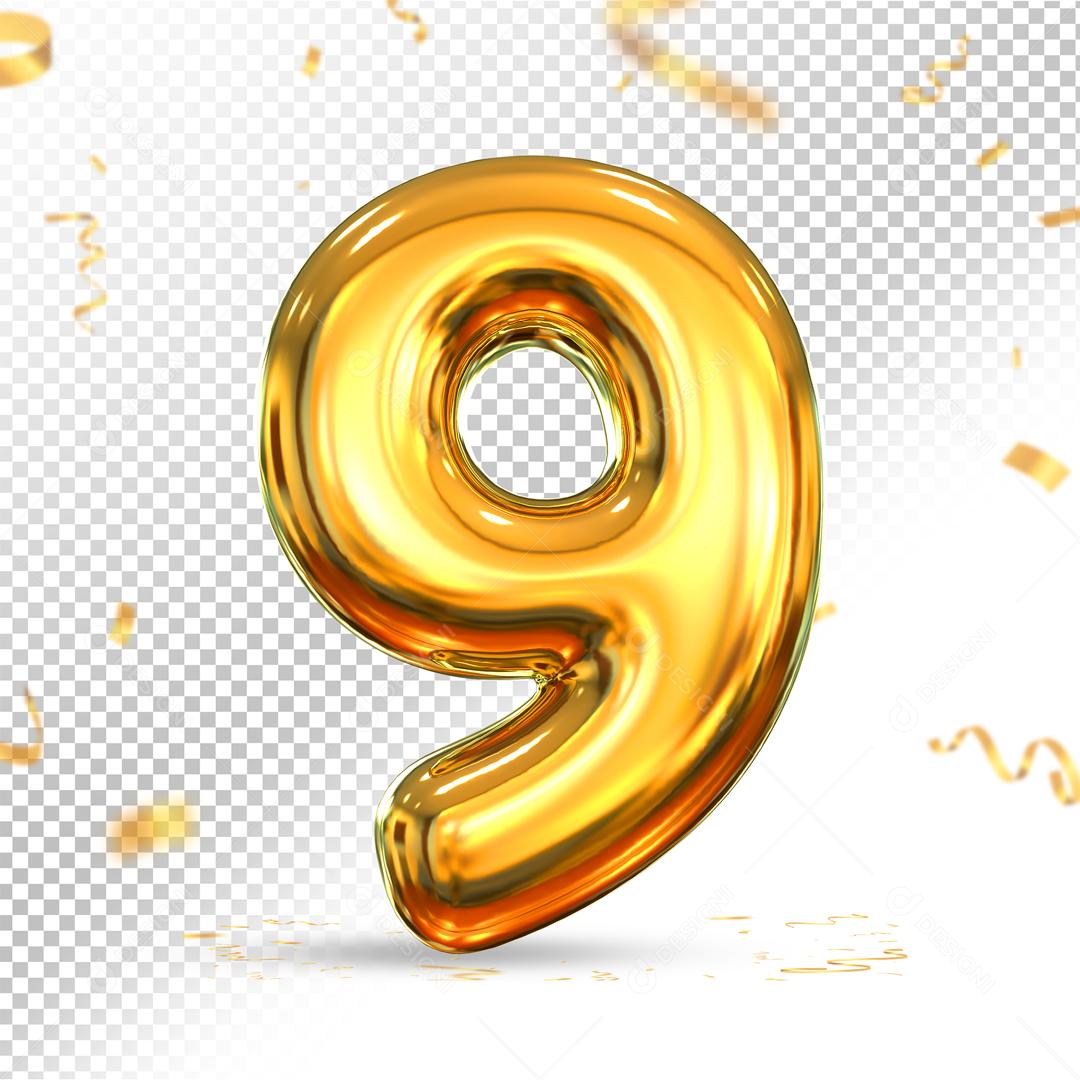 Número 9 Dourado 3D Para composição PSD