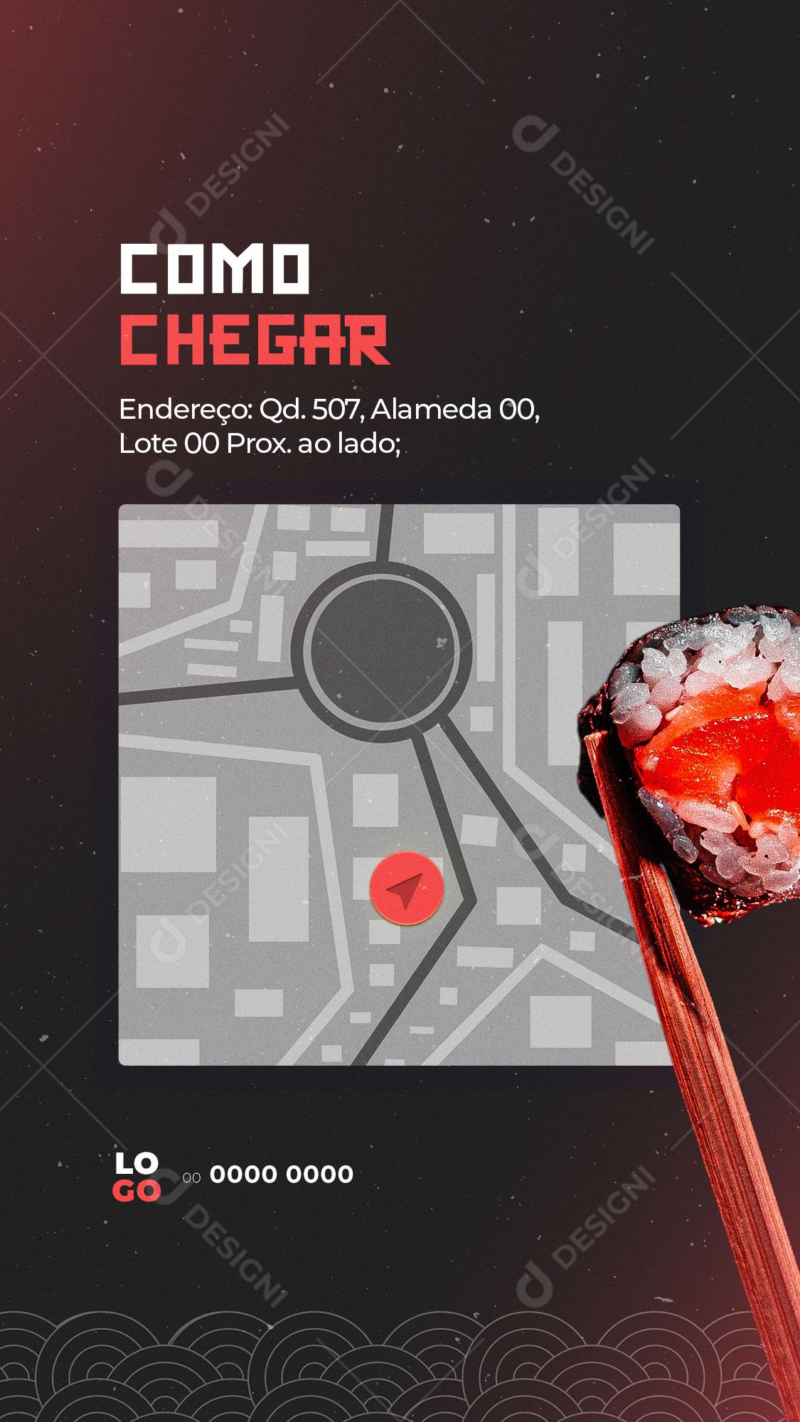 Story Restaurante Comida Japonesa Sushi Sashimi Temaki Como Chegar Social Media PSD Editável