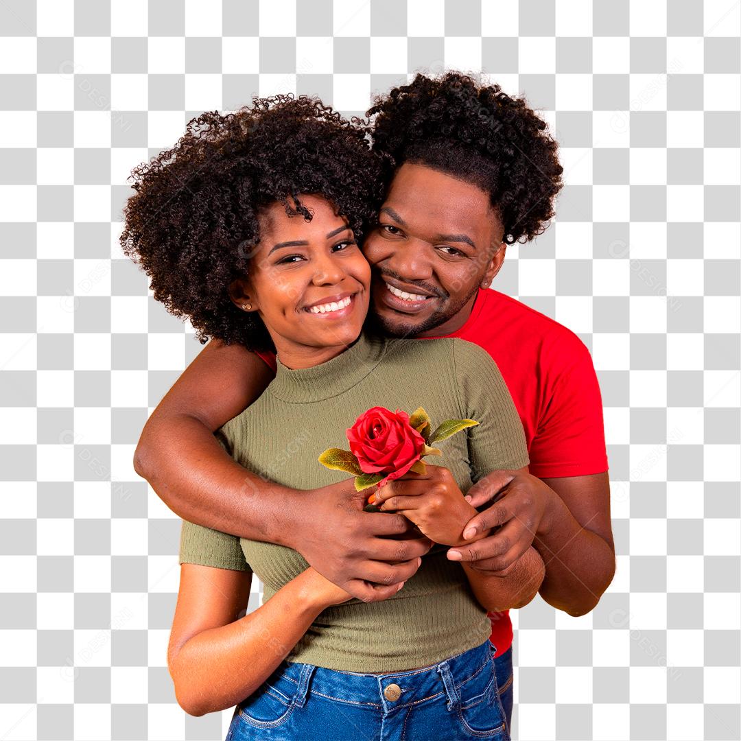 Lindo casal abraçando mulher segurando uma flor