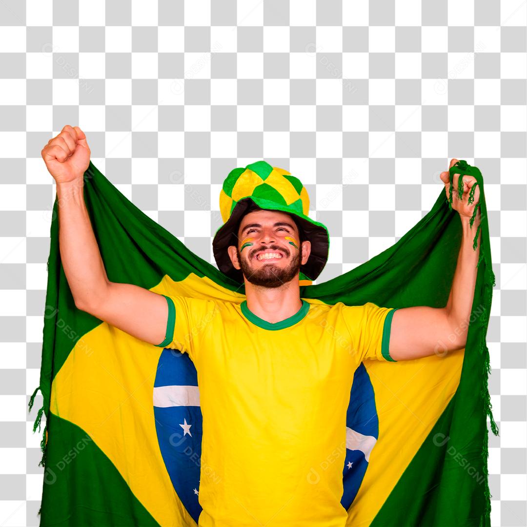 Homem jovem torcedor brasileiro com bandeira do brasil