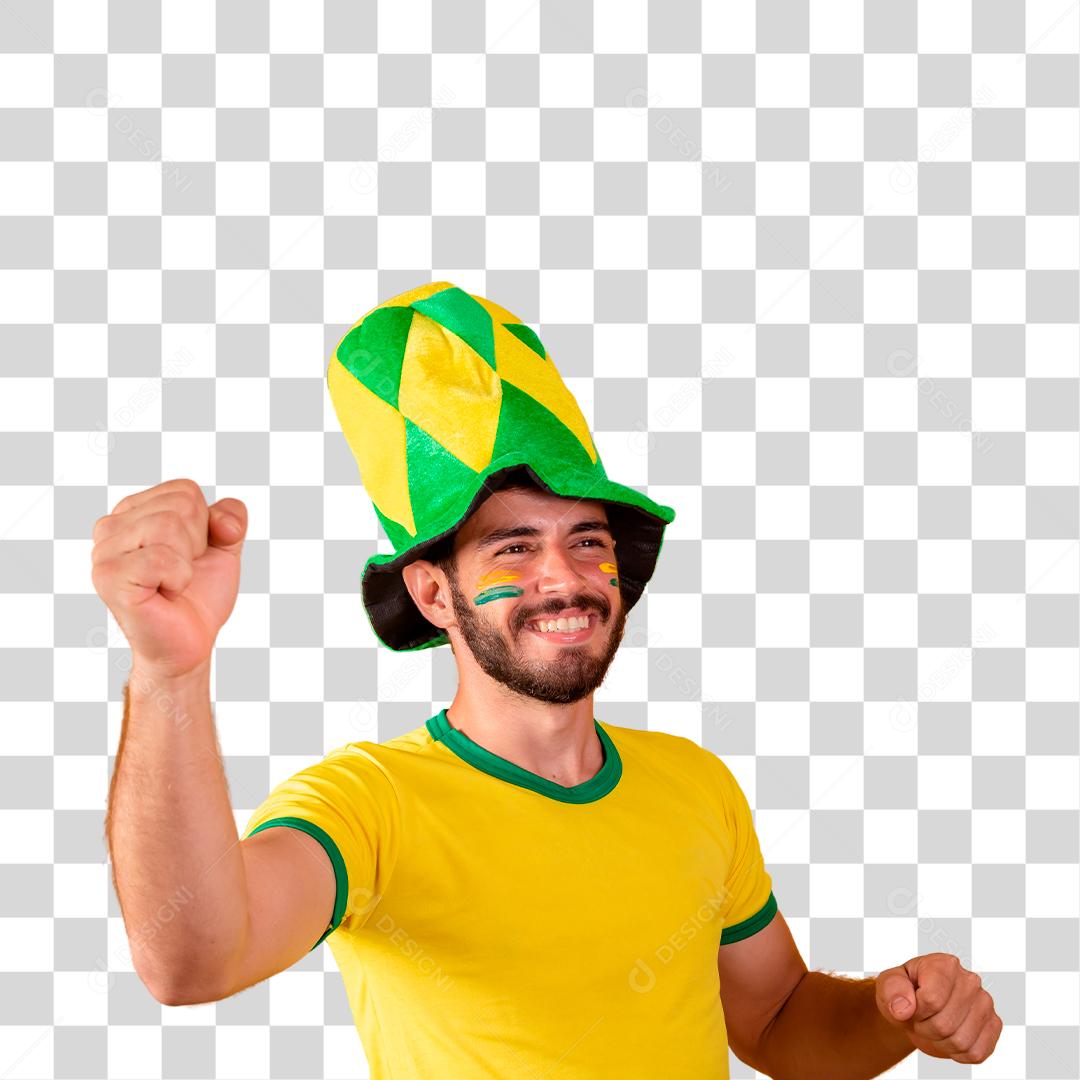 Homem jovem torcedor brasileiro com chapéu do brasil