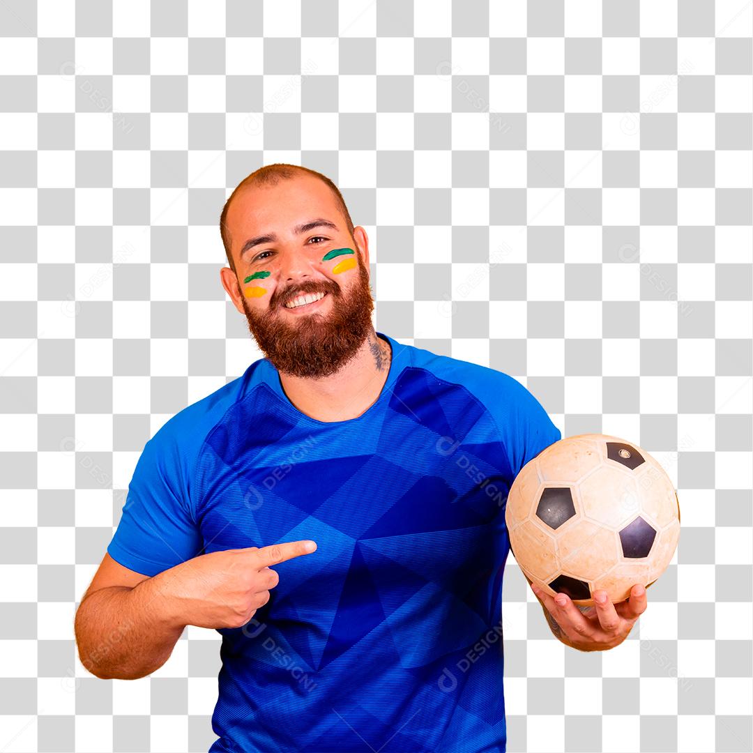 Homem jovem torcedor brasileiro com uma bola de futebol