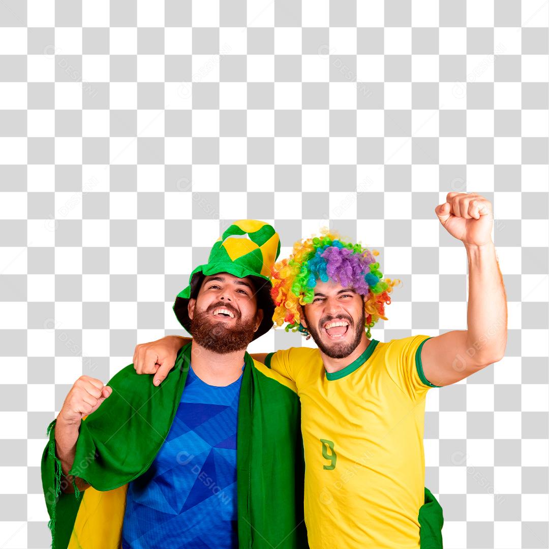 Homens jovem torcedores brasileiros com chapéu do brasil