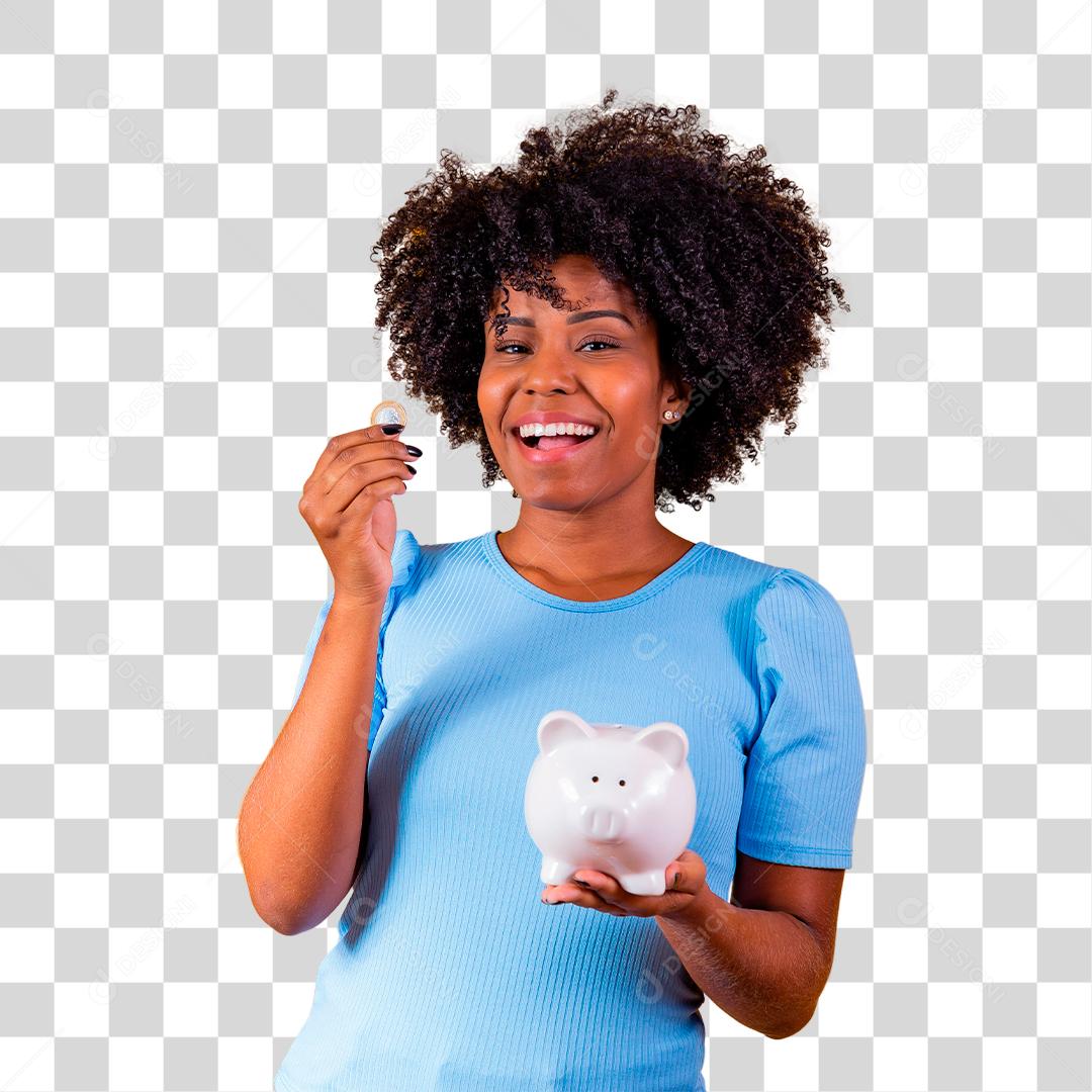 Mulher segurando moedas dinheiro cofre porco